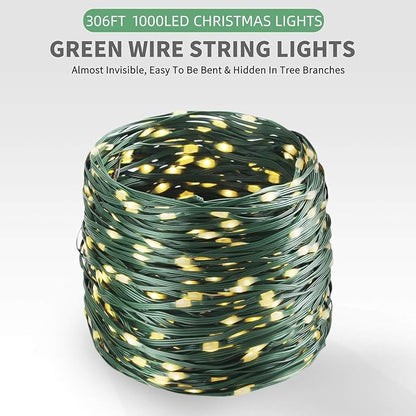 Tcamp 306FT 1000 LED Christmas Lights, 8 Modes Christmas Tree Lights with Timer Memory Function, Green Wire Starry Fairy String Light for Tree Halloween Outdoor Indoor Decor (Warm White)