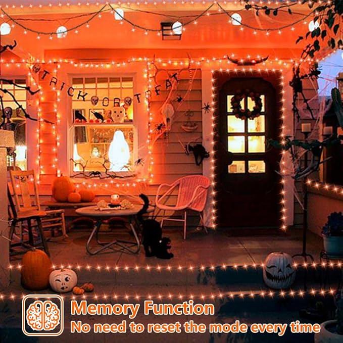 QITONG Orange Solar Christmas Lights, 2 Pack Each 66ft 200 LED Thanksgiving String Lights Outdoor Waterproof, Green Wire Twinkle Light with 8 Modes