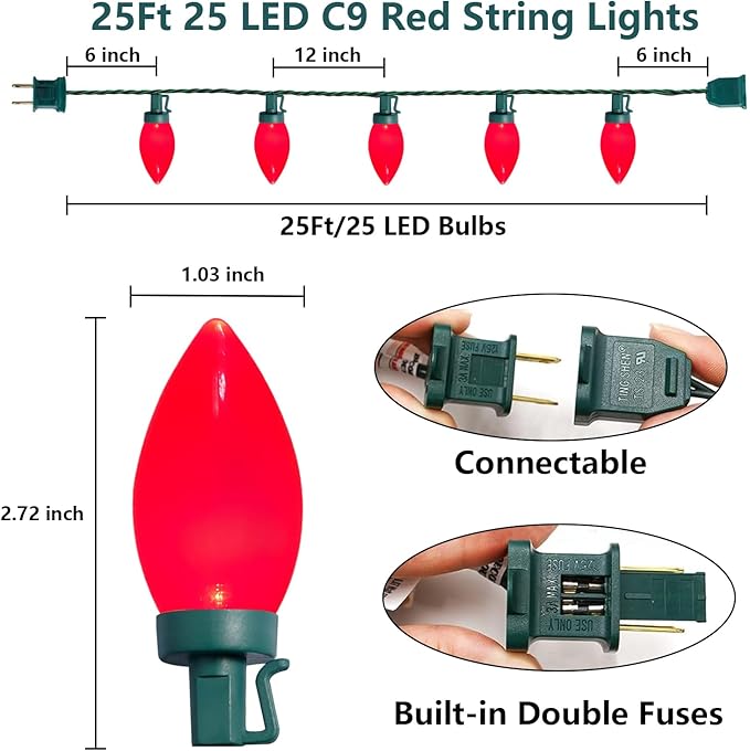 Vintage Christmas Lights Outdoor 25Ft C9 Valentines Day Light 25 LED Shatterproof Red String Light, Extendable Red | Lumora