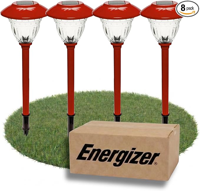 Energizer Bright Solar Lights for Outside - 8 Pack IP65 Waterproof 15 Lumen LED Landscape Lights with Patterned Glass & Metal Finish, Backyard Solar Lights with Worry Free Installation - Red