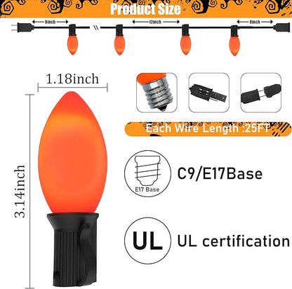 C9 LED Orange Halloween Lights, 25FT Halloween C9 String Lights with 27 Orange LED Bulbs, Hanging Decoration Light for Outdoor Indoor Patio Home Party Garden Yard-Black Wire