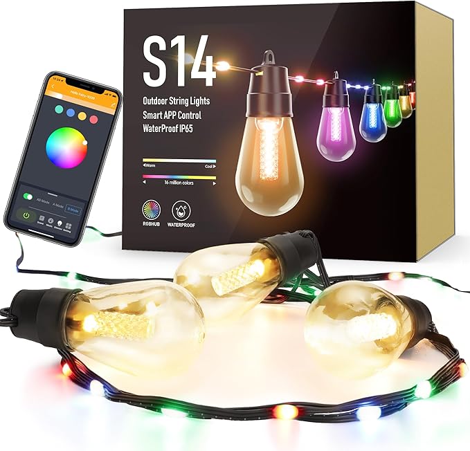 Flacchi Smart Outdoor Patio Lights - 46ft Smart S14 Christmas String Lights, Waterproof Shatterproof Bluetooth APP Remote Control Dimmable for Balcony, Backyard, Party, Holiday (RGB & Warm White)