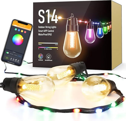 Flacchi Smart Outdoor Patio Lights - 46ft Smart S14 Christmas String Lights, Waterproof Shatterproof Bluetooth APP Remote Control Dimmable for Balcony, Backyard, Party, Holiday (RGB & Warm White)