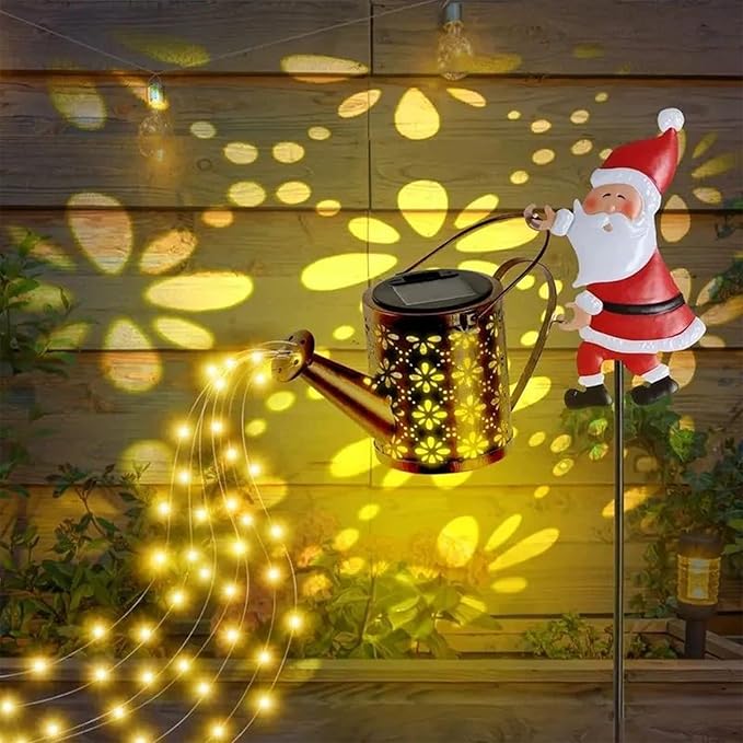 Christmas Santa Solar Kettle Lights Garden Lawn Vintage Metal Santa Claus Solar Watering Can with LED Light, Waterproof Outdoor Lantern Decoration for Patio, Pathway, Yard