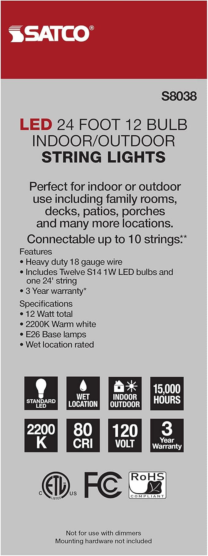 Satco S8038 LED Indoor/Outdoor String Lights, White, S14 Bulbs, 24 Feet (Pack of 1)