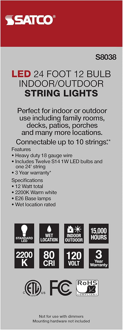 Satco S8038 LED Indoor/Outdoor String Lights, White, S14 Bulbs, 24 Feet (Pack of 1)