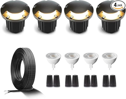 Gardenreet Low Voltage Brass Well Lights Kit(4 Pack) with MR16 Bulb & 100Feet Wire & Connectors, 12V AC/DC LED In Ground Landscape Lighting for Outdoor Yard Garden Path(1 Way Turret)