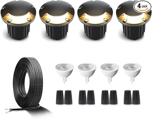 Gardenreet Low Voltage Brass Well Lights Kit(4 Pack) with MR16 Bulb & 100Feet Wire & Connectors, 12V AC/DC LED In Ground Landscape Lighting for Outdoor Yard Garden Path(1 Way Turret)