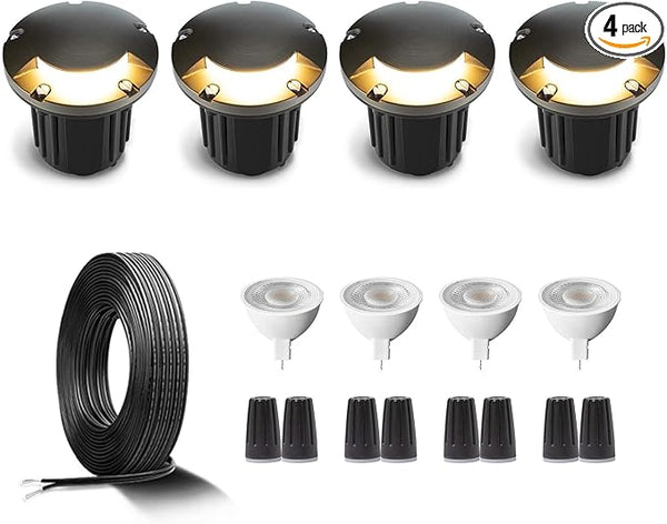 Gardenreet Low Voltage Brass Well Lights Kit(4 Pack) with MR16 Bulb & 100Feet Wire & Connectors, 12V AC/DC LED In | Lumora