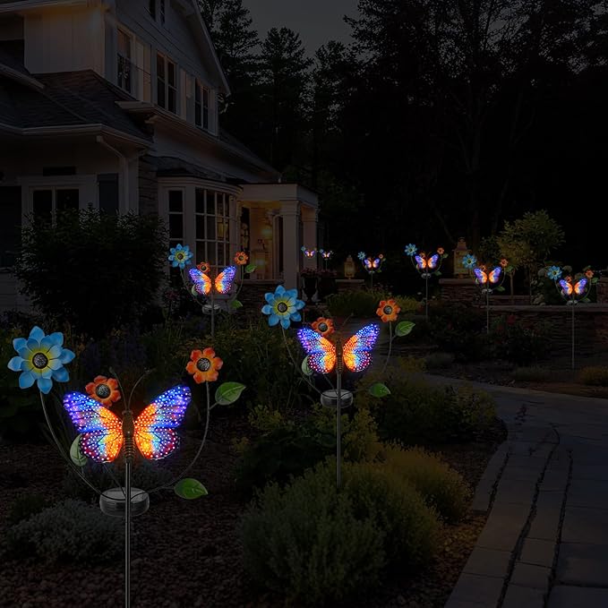 Solar Butterfly Garden Lights, 2 Lighting Modes, Colorful LED with Flower & Butterfly Decor, Waterproof Solar Stake Lights for Garden Yard Patio Lawn Pathway (Yellow)