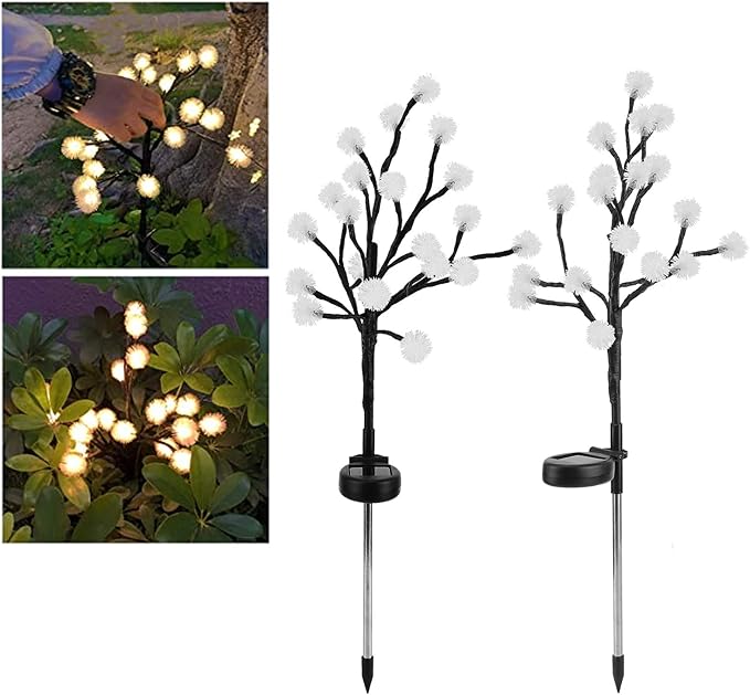 2 Pack Solar Garden Lights Outdoor, Water Proof 20LED Solar Powered Fairy Lights Dandelion Lamp Solar Lights Outdoor Decor for Outside Patio, Lawn, Garden, Yard (Warm Light)