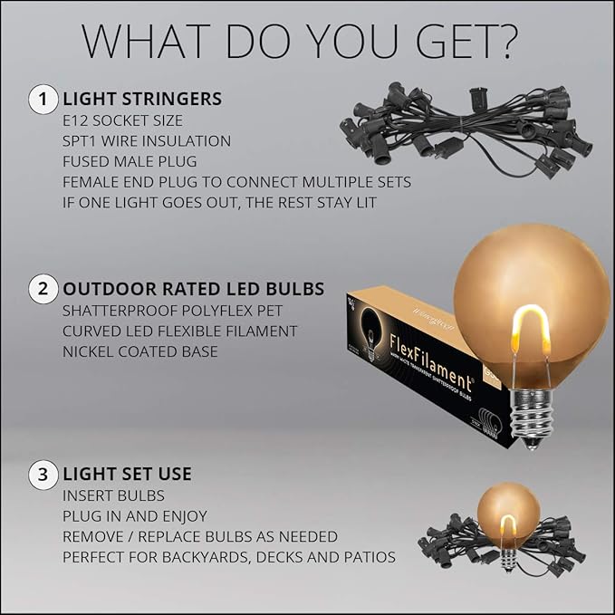 10' FlexFilament LED Shatterproof Outdoor String Lights Black Wire 1-Watt per Bulb Globe String Lights Balcony | Lumora