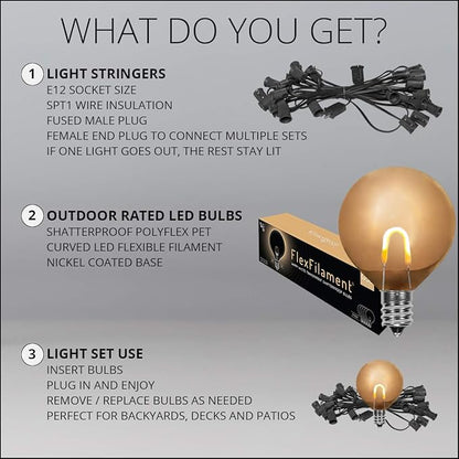 10' FlexFilament LED Shatterproof Outdoor String Lights Black Wire 1-Watt per Bulb Globe String Lights Balcony Lights String Lights Plug in (10 Bulbs on Black Wire)