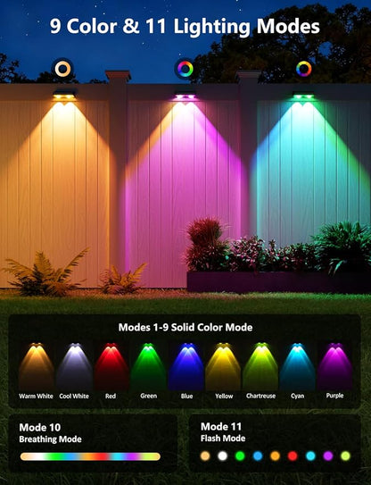 Solar Fence Lights Outdoor, 16 Pack Color Changing Fence Lights Solar Powered with 9 RGB Colors & 11 Lighting Modes, IP65 Waterproof Dusk to Dawn Fence Lights for Patio, Deck, Wall, Backyard