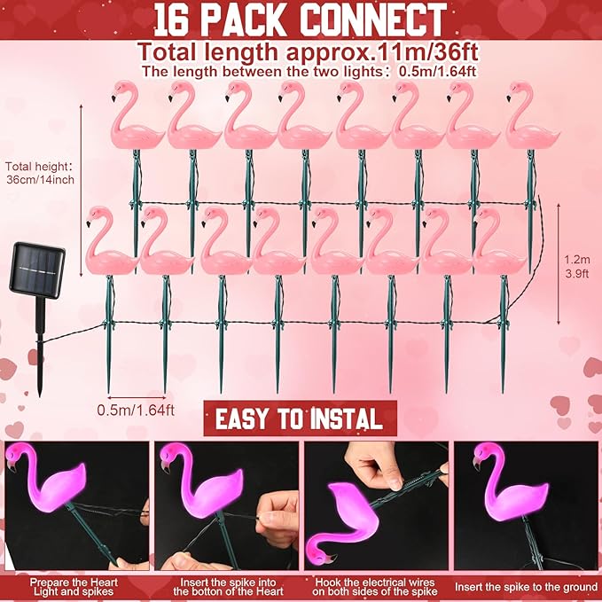 36ft Flamingo Solar Lights with 16 LED Solar Powered Pathway Garden Stake Light Outdoor Decorations with 3 Modes Waterproof Summer Pink Walkway Lawn Patio(Flamingo)