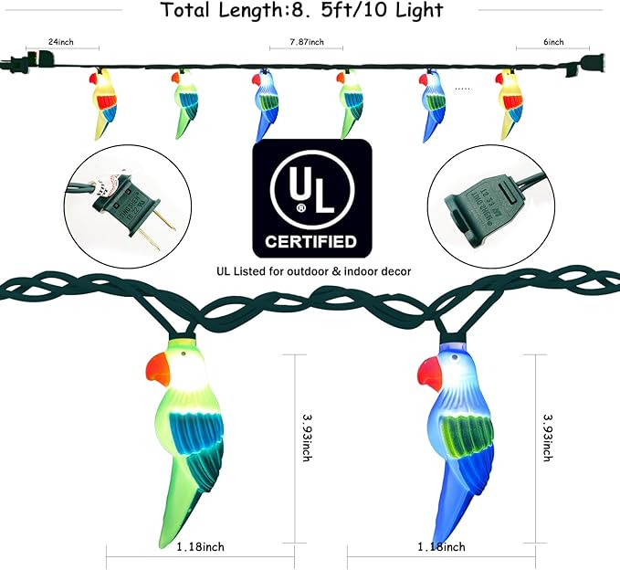 Outdoor Parrot String Lights, 8.5Ft Tropical Themed LED Patio String Lights with 10 Multicolor Birds Lights, Hanging Novelty Garden Lights for Outdoor Patio Deck Backyard Trees Stair Rails Decoration
