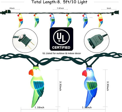 Outdoor Parrot String Lights, 8.5Ft Tropical Themed LED Patio String Lights with 10 Multicolor Birds Lights, Hanging Novelty Garden Lights for Outdoor Patio Deck Backyard Trees Stair Rails Decoration