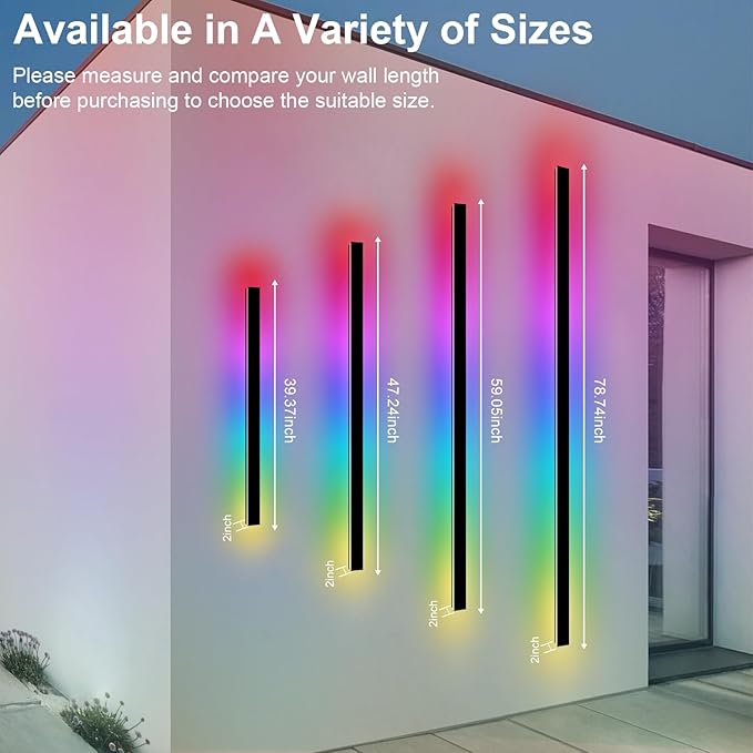 RGB Outdoor Wall Lights, Ip65 Waterproof Linear Led Modern Wall Sconce, 7 Colors and 358 Light Effects, Dimmable | Lumora