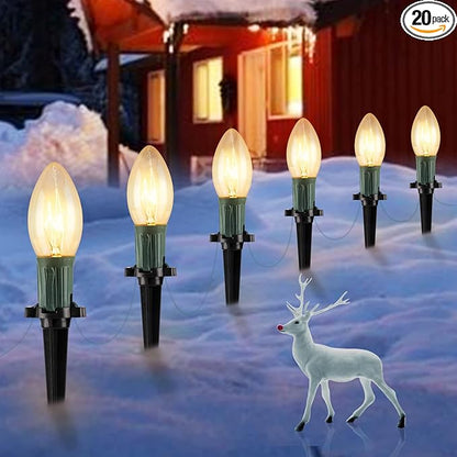 Brightown Christmas Pathway String Lights Outdoor - 25.7 Ft. C9 20 Clear Lights with 20 Stakes Connectable Waterproof for Indoor Xmas Party Holiday Commercial Decoration, Warm White