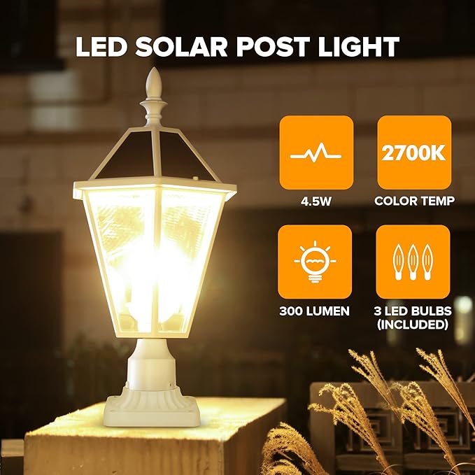LUTEC LED Post Solar Light Outdoor,Dusk to Dawn Vintage Street Lights, 300LM, 2700K,Cast Aluminum Solar Pole Lights | Lumora
