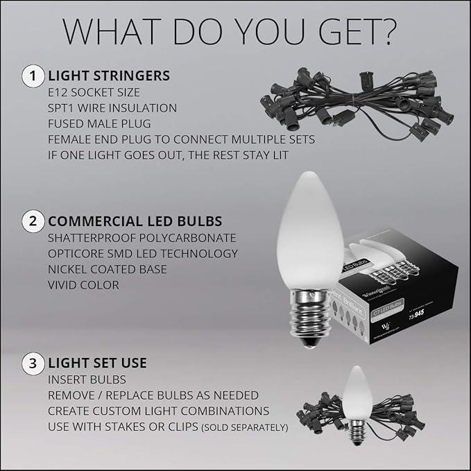 Multicolor Opticore LED Commercial C7 Outdoor Christmas Lights, Vintage Style Smooth Opaque Finish for Outside Christmas Tree, Holiday Display, Heavy Duty Green Wire (100 Lights, 100 ft)