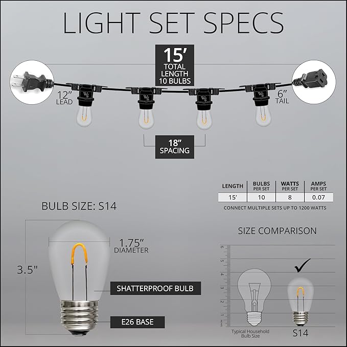 15' FlexFilament LED S14 Edison Bulb Shatterproof Commercial Outdoor Patio Lights, 10 Lights, 18" Spacing | Lumora