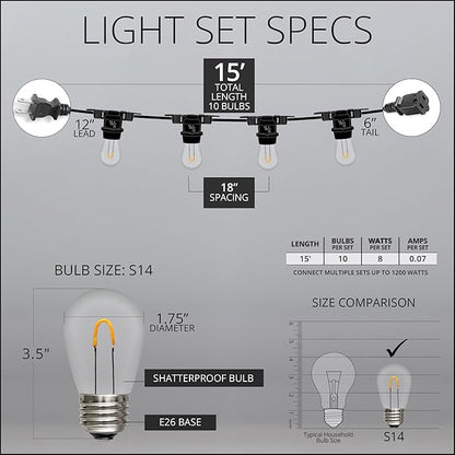15' FlexFilament LED S14 Edison Bulb Shatterproof Commercial Outdoor Patio Lights, 10 Lights, 18" Spacing, End-to-End Connectable, SJTW All-Weather Socket Stringer