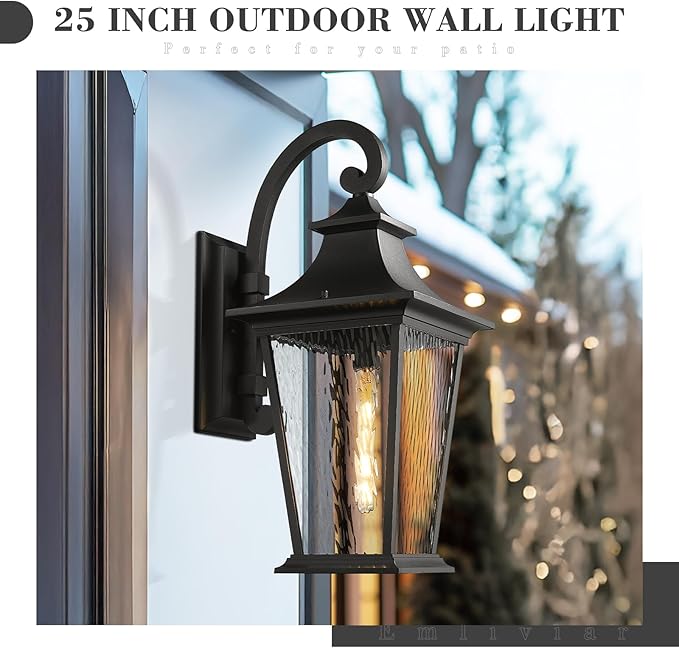 Emliviar 25 Inch Exterior Lighting Fixture, Black Outside Lights for House, Outdoor Wall Lantern with Water Ripple | Lumora