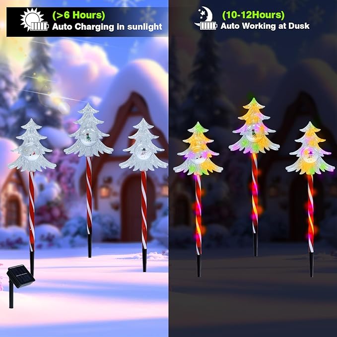 Solar Christmas Pathway Lights Outdoor Decorations, 8 Modes Multicolored Tree Candy Lights, Waterproof Solar Christmas Stake Lights for Yard Walkway Lawn Porch Holiday Decor（3PC）