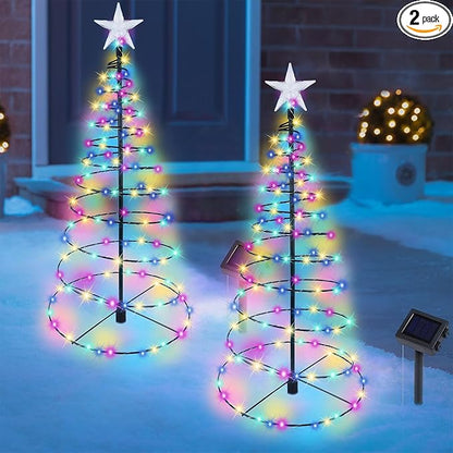 Dynaming 2 Pack Solar Spiral Christmas Trees with Multicolor Lights, 26" Outdoor Light Up Xmas Pathway Markers with Stake, Auto On/Off & Waterproof Lights for Winter Patio Yard Walkway Driveway Decor