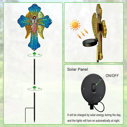 WAIU Solar Cross Garden Stake Lights, Angel Wings Waterproof Solar Outdoor Lights for Garden Yard Cemetery Decor, Memorial Cross Solar Christmas Lights