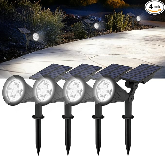 T-SUN Solar Spotlights, 4 LED Solar Powered Landscape Spotlights Waterproof Outdoor Lights Auto ON/OFF for Garden, Driveway, Yard, Patio, Pool Area (White-4 Pack)