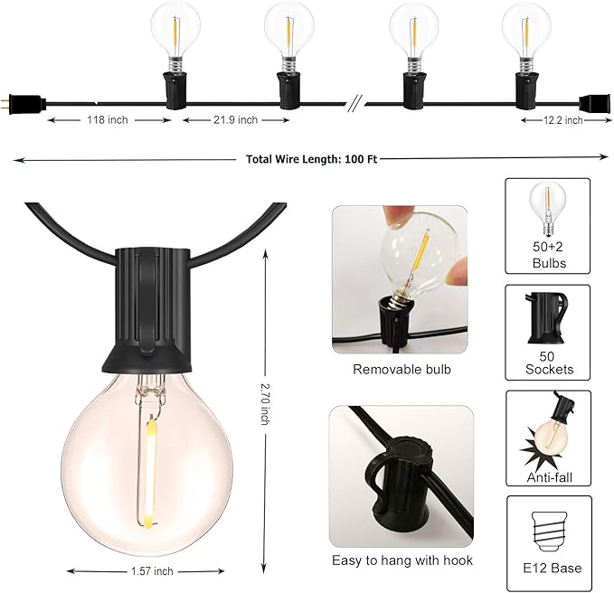 DAMAING Outdoor 100FT Globe String Lights with 52 Dimmable G40 Shatterproof LED Bulbs,Waterproof Connectable Patio Light for Backyard Hanging Lights,2700K Warm Glow