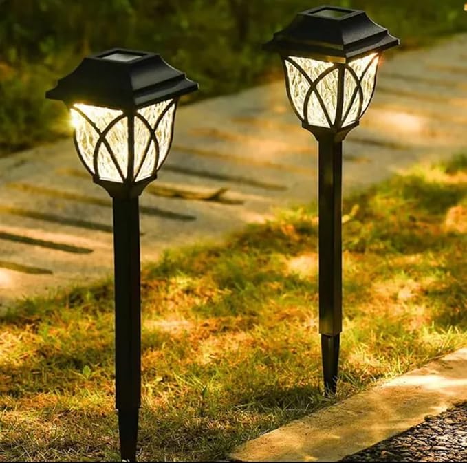 4 Pack Solar Garden Path Lights, LED Landscape Lighting, Decorative Geometric Design, 16.9 inch Height, Black