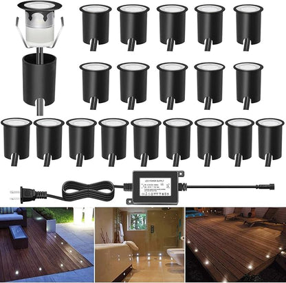 Low Voltage LED Deck Light Kit with Protecting Shell,Stainless Steel Waterproof Recessed Wood Decking Stairs Garden Yard Patio Decor Lamp Outdoor LED Lighting Cool White(20pcs)