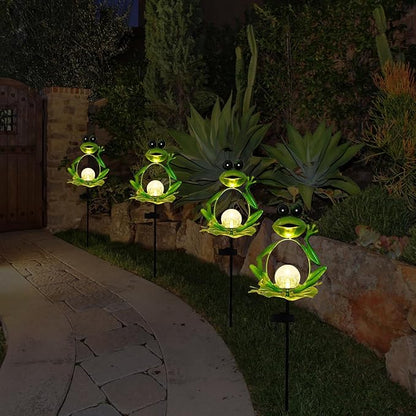 Frog Solar Garden Light, Waterproof Auto On/Off Path Lights Yard Art Ornament, Outdoor Iron Frog Decoration for Yard, Patio, Pathway (Green)