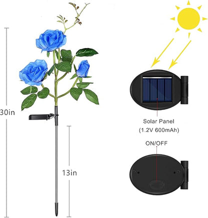 Solar Rose Garden Lights, 2 Pack Realistic Flower Lights, Waterproof LED Decorative Stake Landscape for Patio Pathway Grave Cemetery Outdoor Decor (Blue)
