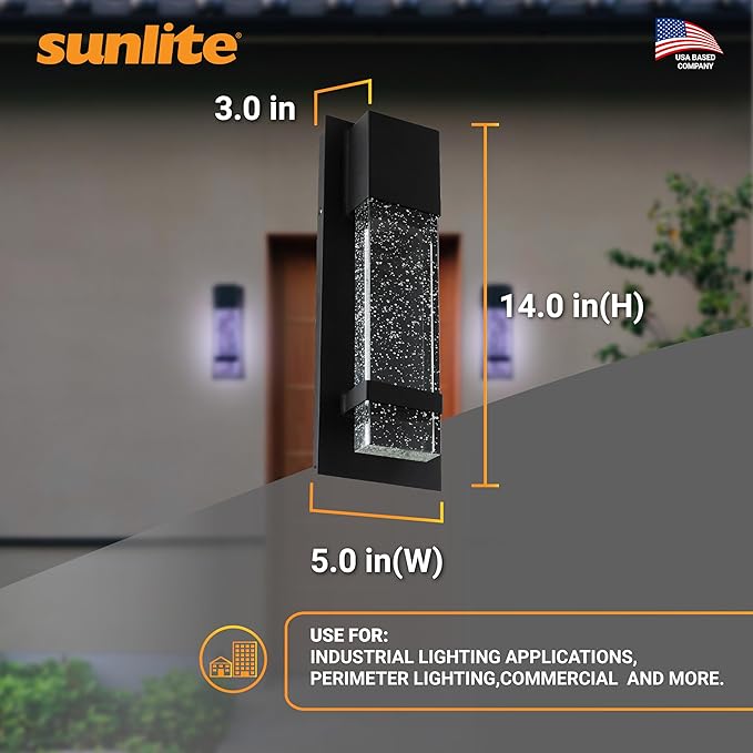 Sunlite LED Wall Sconce, Black Metal Frame with Raindrop Effect Glass Panel, 4.75" Wide, 5000K Daylight, Indoor & Outdoor, ADA Compliant