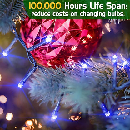 XURISEN Christmas Lights Outdoor 197FT 500 LED Green Wire String Lights 8 Modes with Timer Memory Waterproof Fairy Light Plug in for Xmas Tree Wedding Yard Party Holiday Decorations(Blue+White)