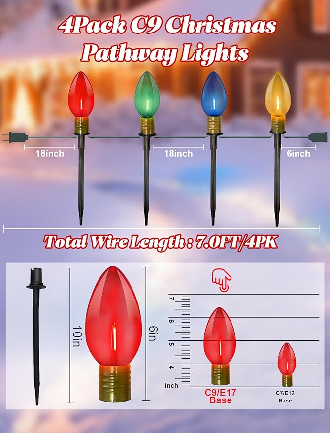 C9 LED Christmas Pathway Lights 7Ft Multicolor Pathway Christmas Lights Walkway Light Outdoor with 4 Colorful Clear Bulbs, Connectable Holiday Commercial Xmas Decoration- Green Wire