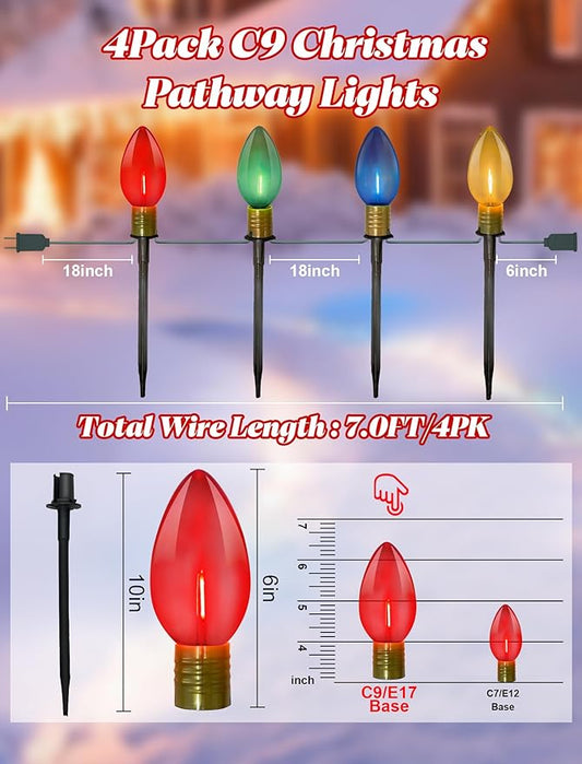 C9 LED Christmas Pathway Lights 7Ft Multicolor Pathway Christmas Lights Walkway Light Outdoor with 4 Colorful Clear Bulbs, Connectable Holiday Commercial Xmas Decoration- Green Wire
