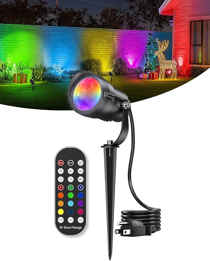 HIBOITEC 12W Christmas Spotlight Outdoor with Plug Timer Color Changing 120V Landscape Lighting Waterproof Dimmable LED Spot Light for Yard Christmas Outside House Garden Tree Decoration 1Pack