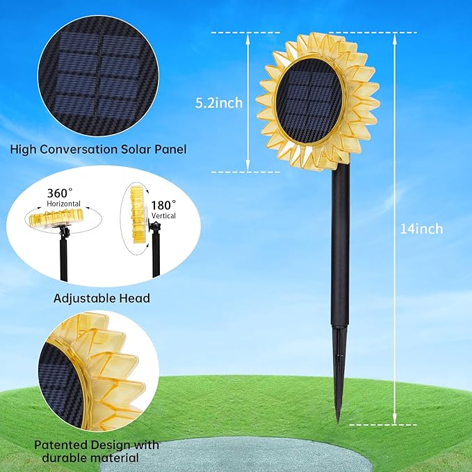 HUYIENO Solar Lights Outdoor Garden Decor Sunflower Waterproof Pathway Fence Lighting Ground/Wall Mounting 2 in 1 for Garden,Patio,Yard Decoration