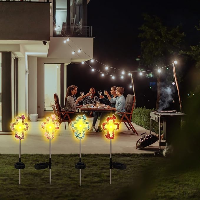 Retisee 4 Pack Easter Flowers Cross Garden Stake Solar Lights Decoration Outdoors Cemetery Yard Decor Jesus Cross Sympathy Memorial Gift Waterproof for Garden Lawn Patio Pathway Decor