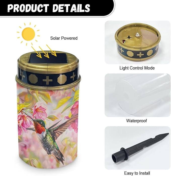 Hummingbird Solar Garden Light Waterproof Solar Lights for Outdoor Easy Fixed Solar Light Cemetery Light for Grave Home Decor Landscape Solar Light