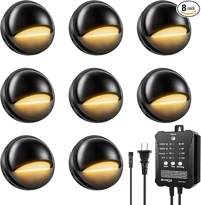 Low Voltage LED Deck Lights Kit with Transformer Timer and Photocell Sensor, IP67 Waterproof Low Voltage Landscape Lighting, Step Lights for Outdoor Walkway Stair Post Railing (8 Pack)