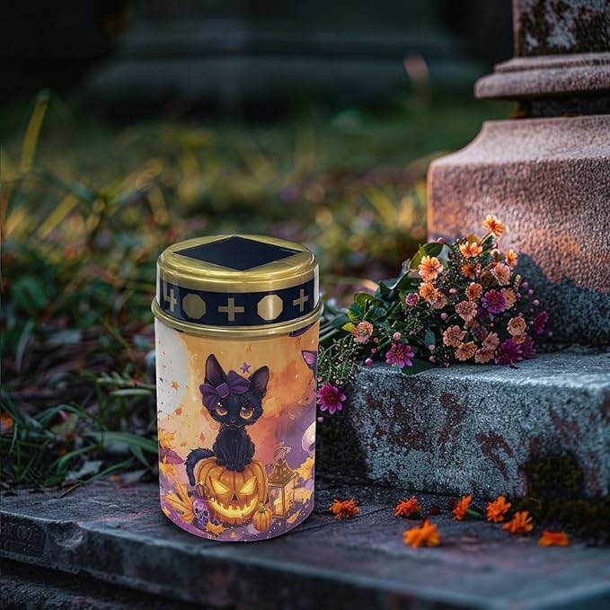 Black Cat and Pumpkin Solar Light Outdoor for Cemetery, Waterproof Garden Lights Solar Powered, Solar Lights for Garden, Balcony, Yard, Gifts for Memorial