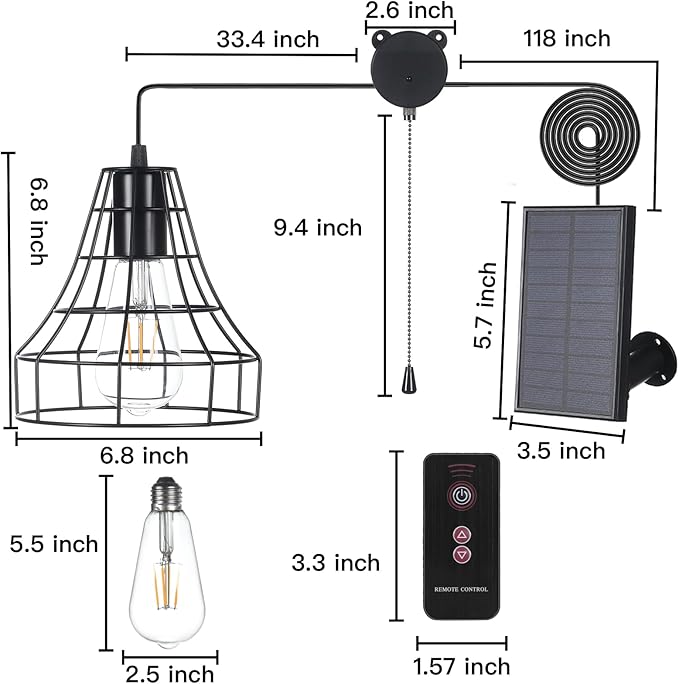 Solar Pendant Lights, Solar Powered Shed Light with Pull Cord and Remote for Outdoor Indoor, Solar Chandelier, Gazebo Light with Adjustable Panel for Yard Patio Balcony Barn Garage