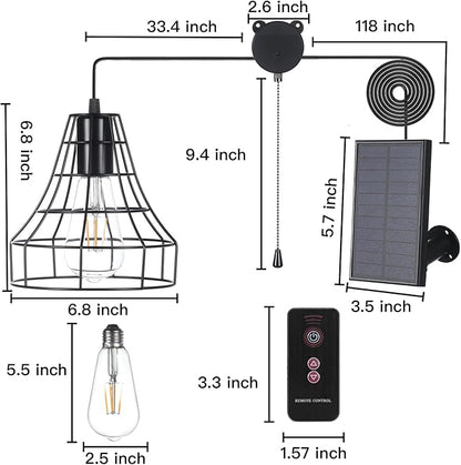 Solar Pendant Lights, Solar Powered Shed Light with Pull Cord and Remote for Outdoor Indoor, Solar Chandelier, Gazebo Light with Adjustable Panel for Yard Patio Balcony Barn Garage