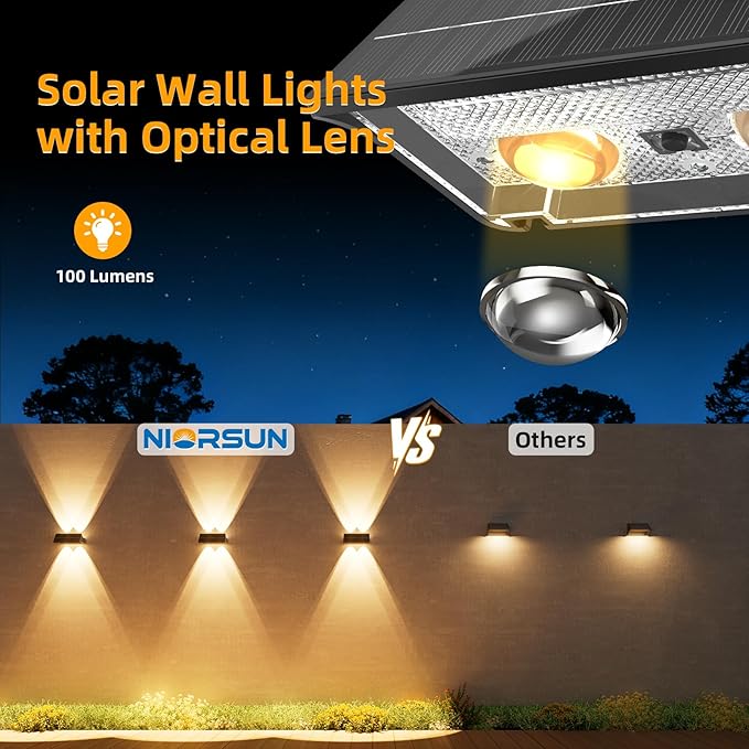 NIORSUN Solar Fence Lights Outdoor, 6 Pack Up and Down Waterproof Solar Wall Lights, Warm & Cool White + RGB, Fence | Lumora